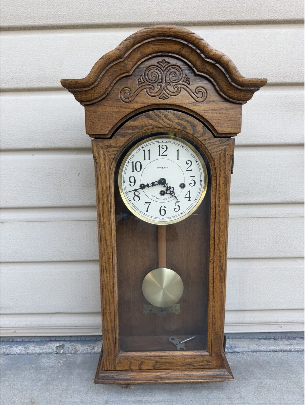 Vintage Howard Miller 60th Anniversary Oak Wall Clock 613-100 W/ Key-Not Tested